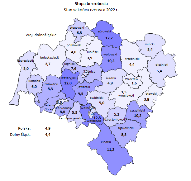 Mapa bezrobocie Dolny Śląsk - Dolnośląski Rynek Pracy - Czerwiec 2022