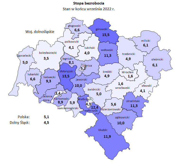 Mapa bezrobocie Dolny Śląsk - Dolnośląski Rynek Pracy - Wrzesień 2022