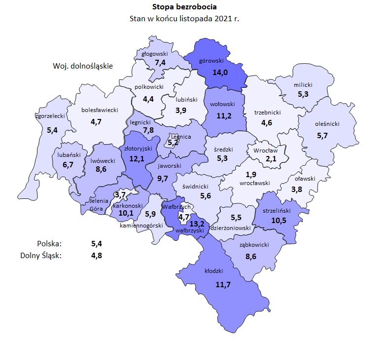 Mapa bezrobocie Dolny Śląsk - Dolnośląski Rynek Pracy - Listopad 2021